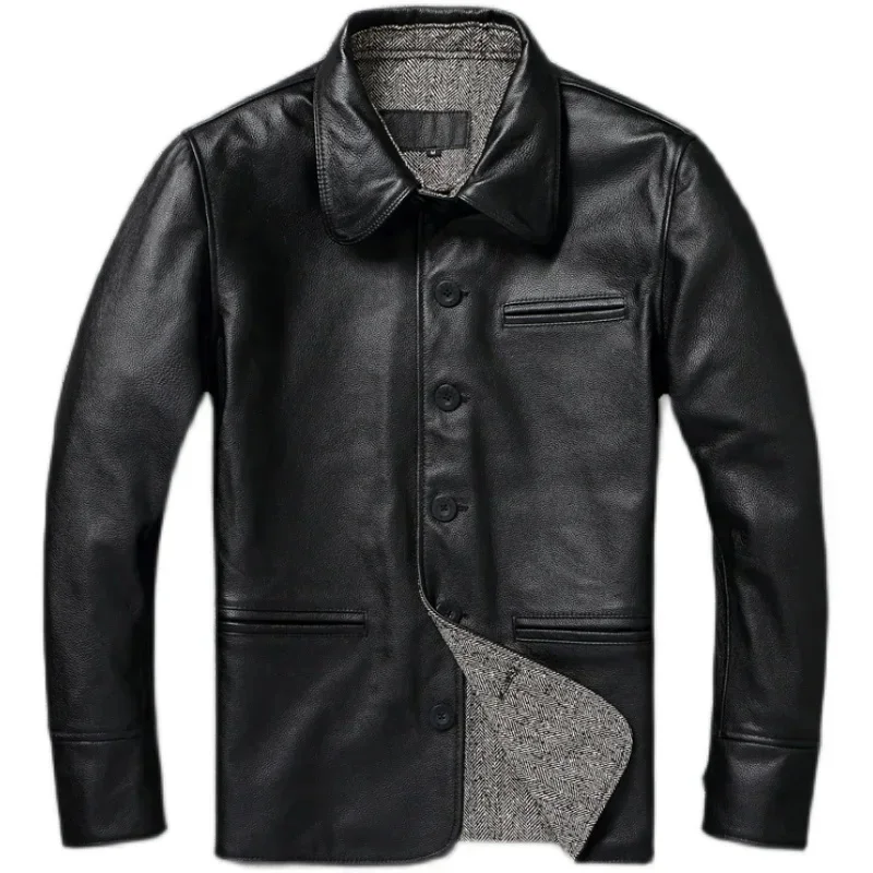 Classical Gatekeeper Jackets Long Genuine Cowhide Leather Men Spring Autumn Coats Mens Chaquetas