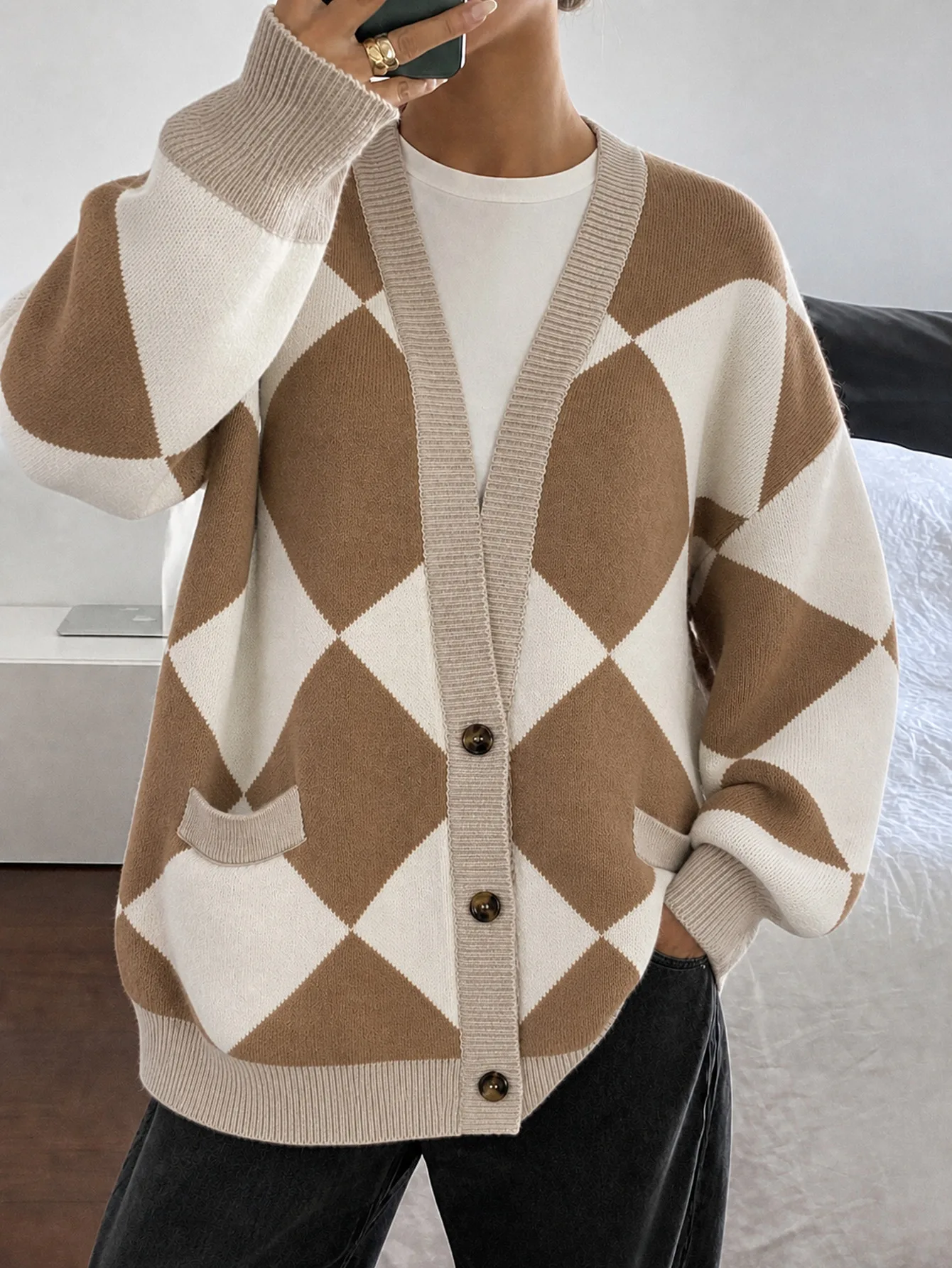 Casual Argyle Cardigan Sweater Women V Neck Button Down Long Sleeve Oversized Knit Cardigan Vintage Preppy Casual Loose Sweater