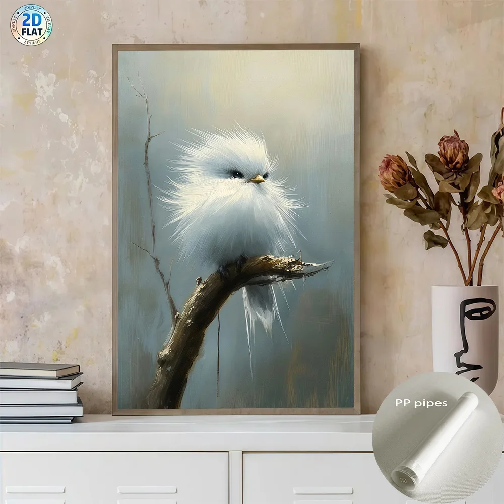 (No frame)2D Flat, Frameless- 2D/FLAT Hard Tube Packaging 1pc. A Soft White Bird-shaped Canvas Printed Poster Standing on a B