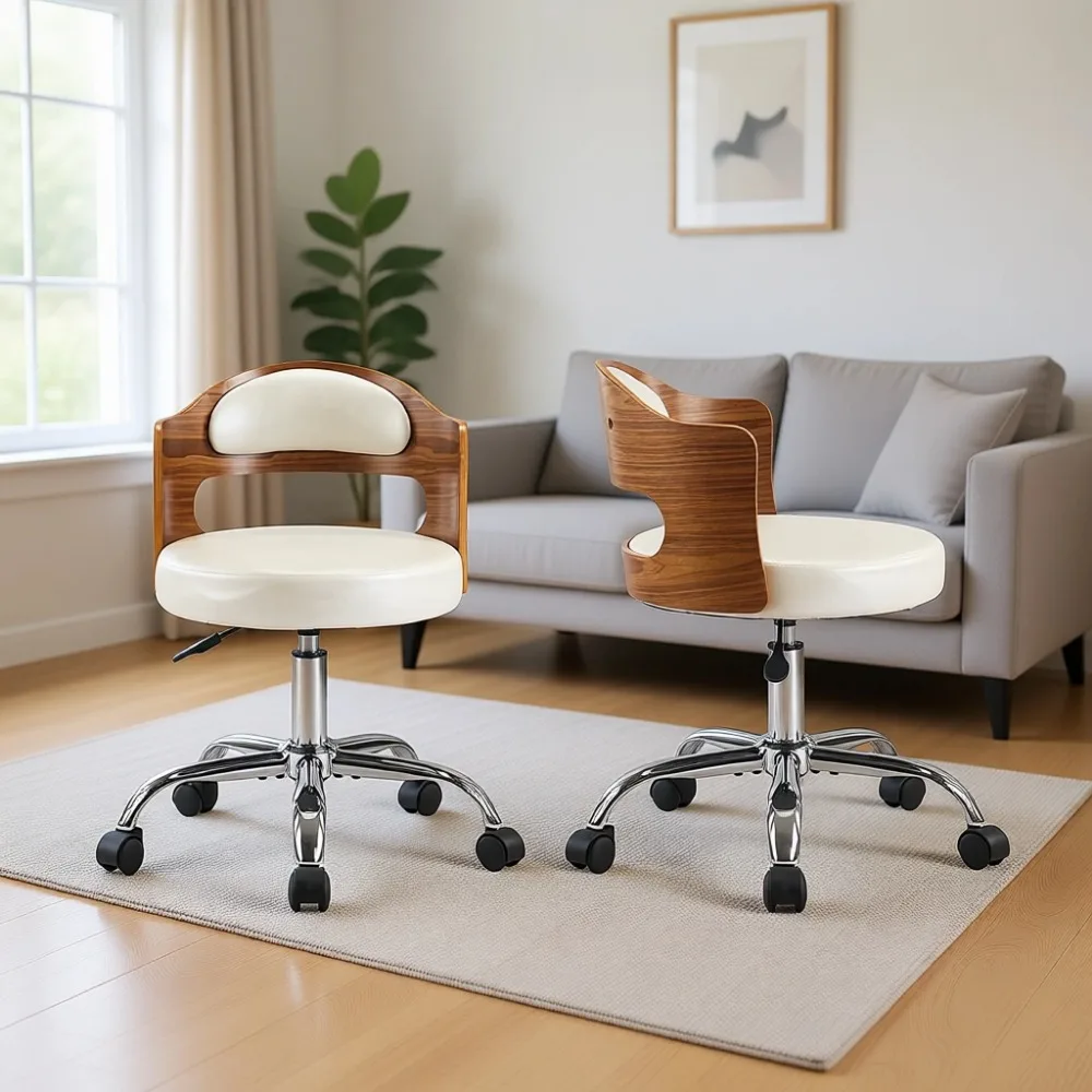 Adjustable Swivel Chair, Retro Design, Walnut Curved Task Chair, Cushioned for Workspace, PU Ivory White