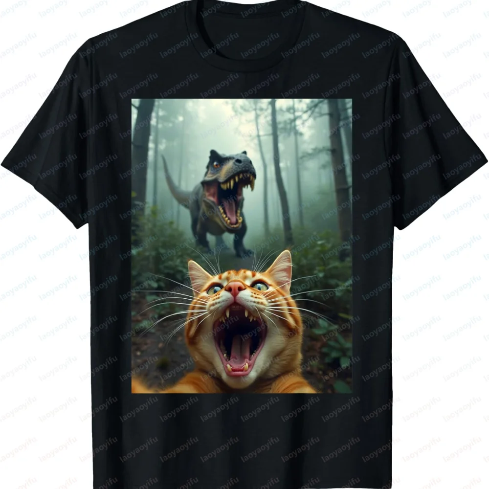 Funny Cat Selfie with T-Rex Dinosaur T-Shirt Men Women Casual Cotton Novelty Animal Graphic Print Short Sleeve Tops Streetwear
