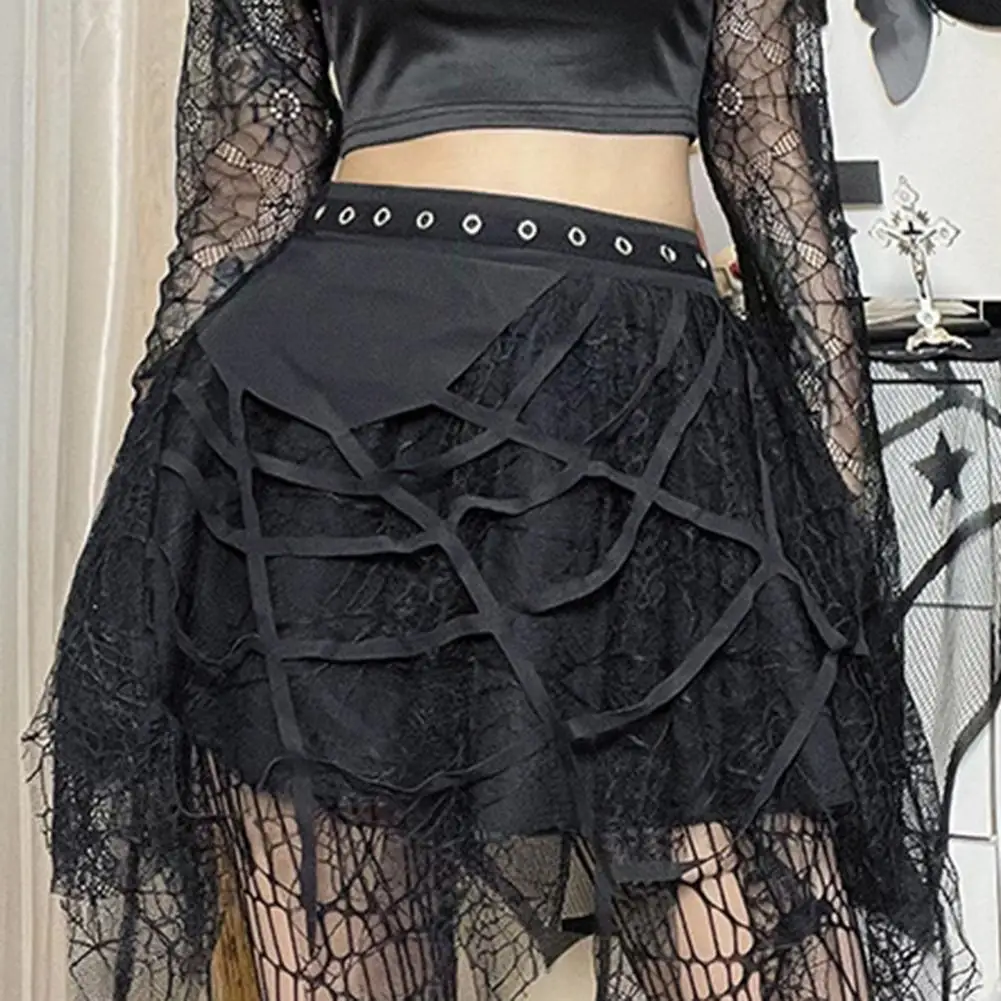 Elastic Waist Big Hem Gothic Punk Metal Holes Design Women Skirt Halloween Spider Web Decor Tassel Mini Skirt Party Wear