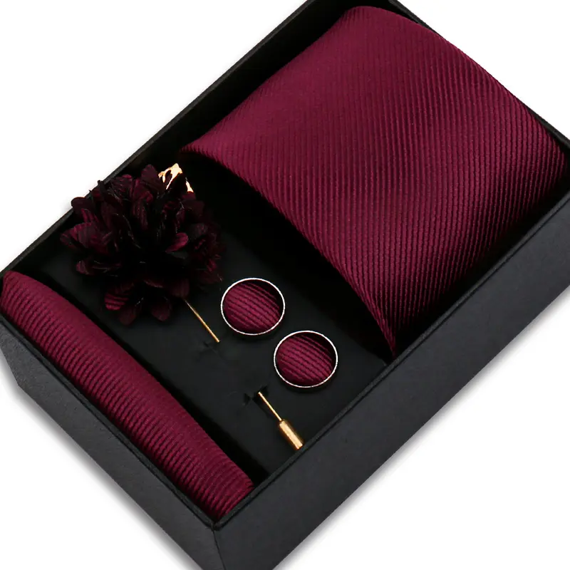 Top Quality Solid Color Ties Hanky Cufflinks Brooch Set Elegant Jacquard Necktie For Men Business Wedding In Gift Box Gravatas - Image 2