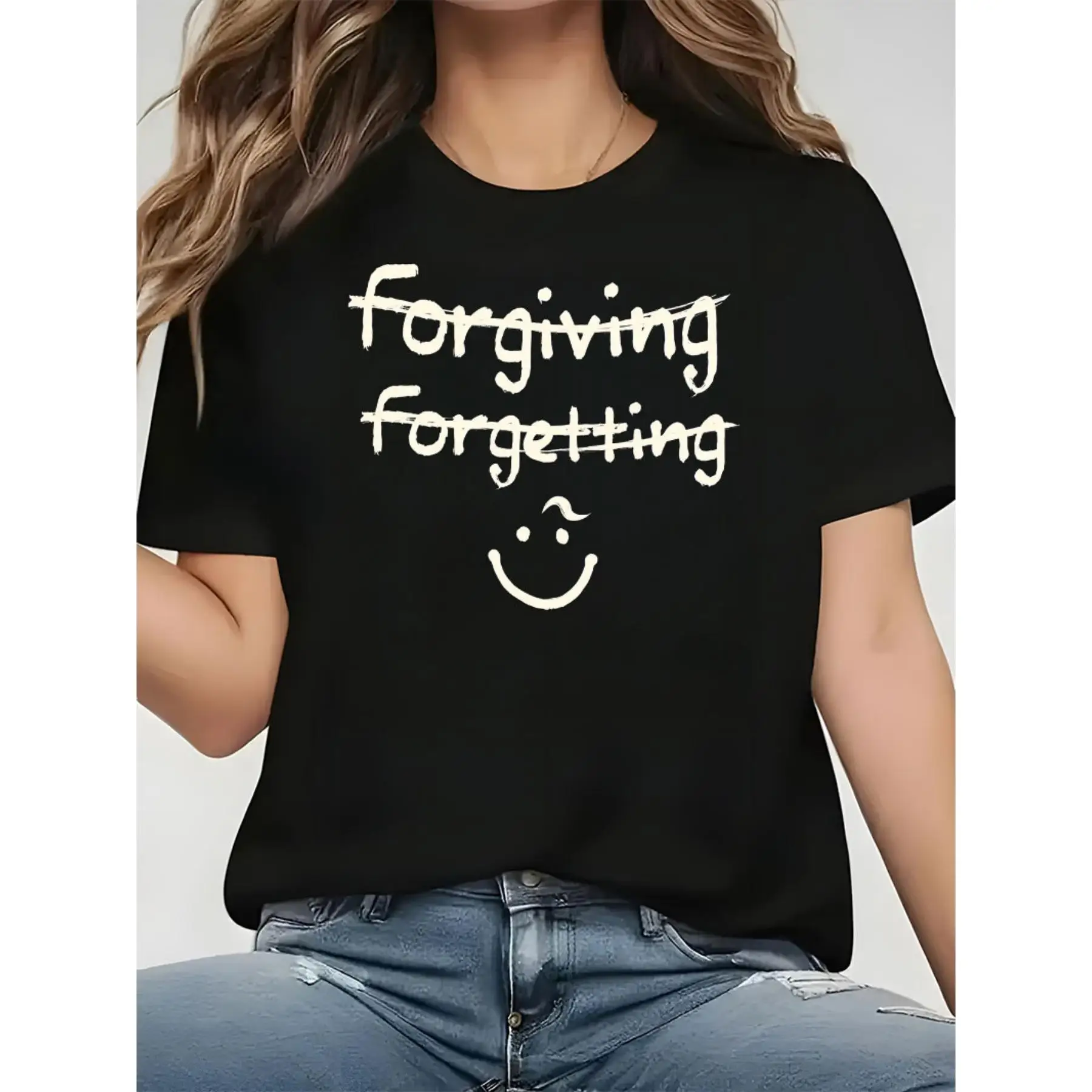 

Forgiving Forgetting Funny Quote T-shirt, Sarcastic Graphic Top, Women's Casual Crewneck Short Sleeve Streetwear Tee for Summer