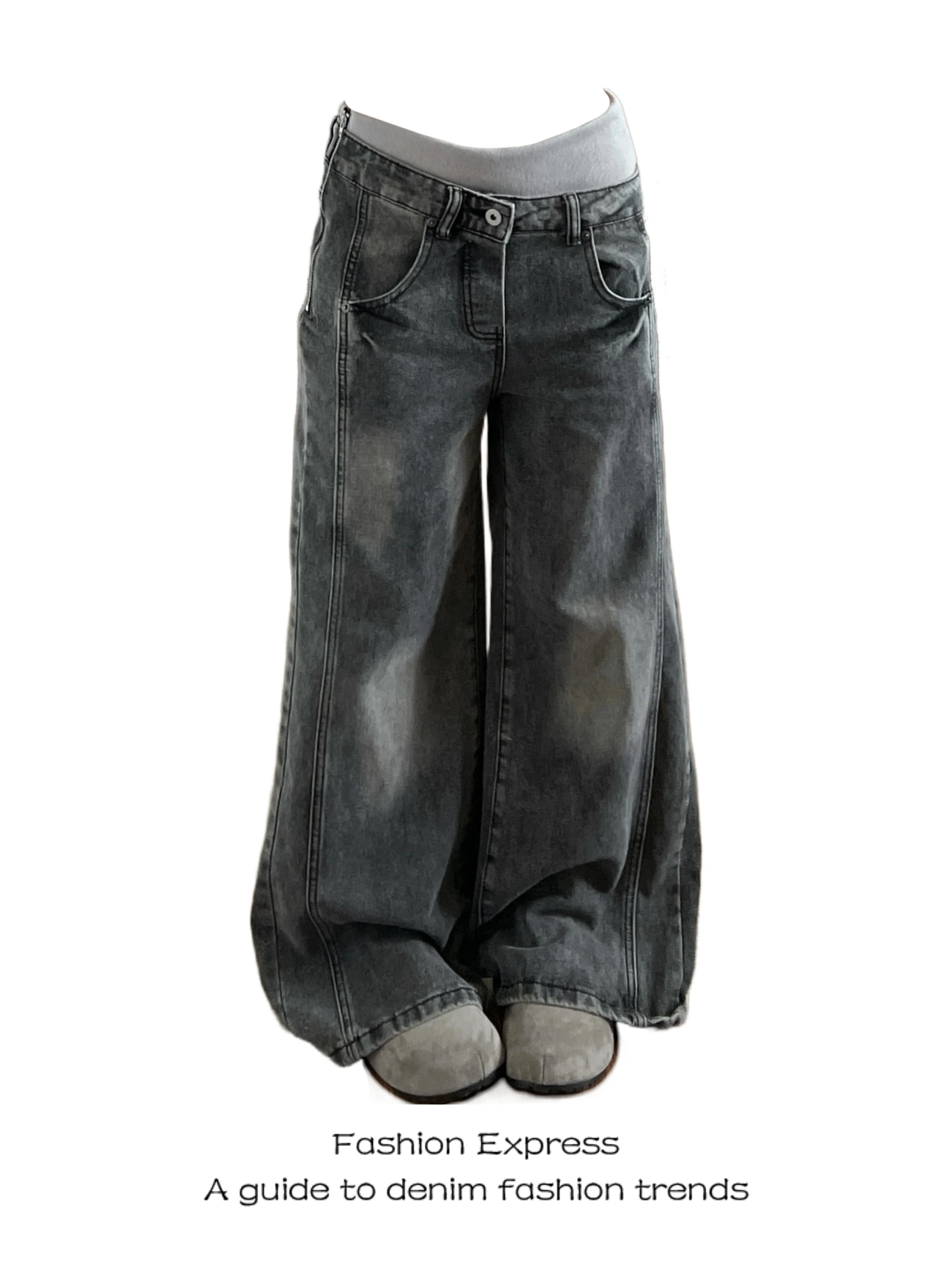 

ey Denim Jeans Women's Loose Wide Leg Floor-Length Pants Double Waist Design American Retro Sle Casual High Waist Jeans