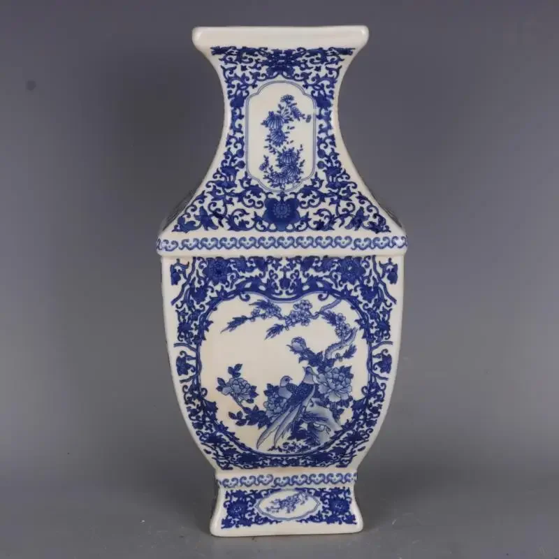 Florero Oriental Vintage azul y blanco, florero y pájaro, Rectangular Qing Qianlong, florero de porcelana antigua china Yuan