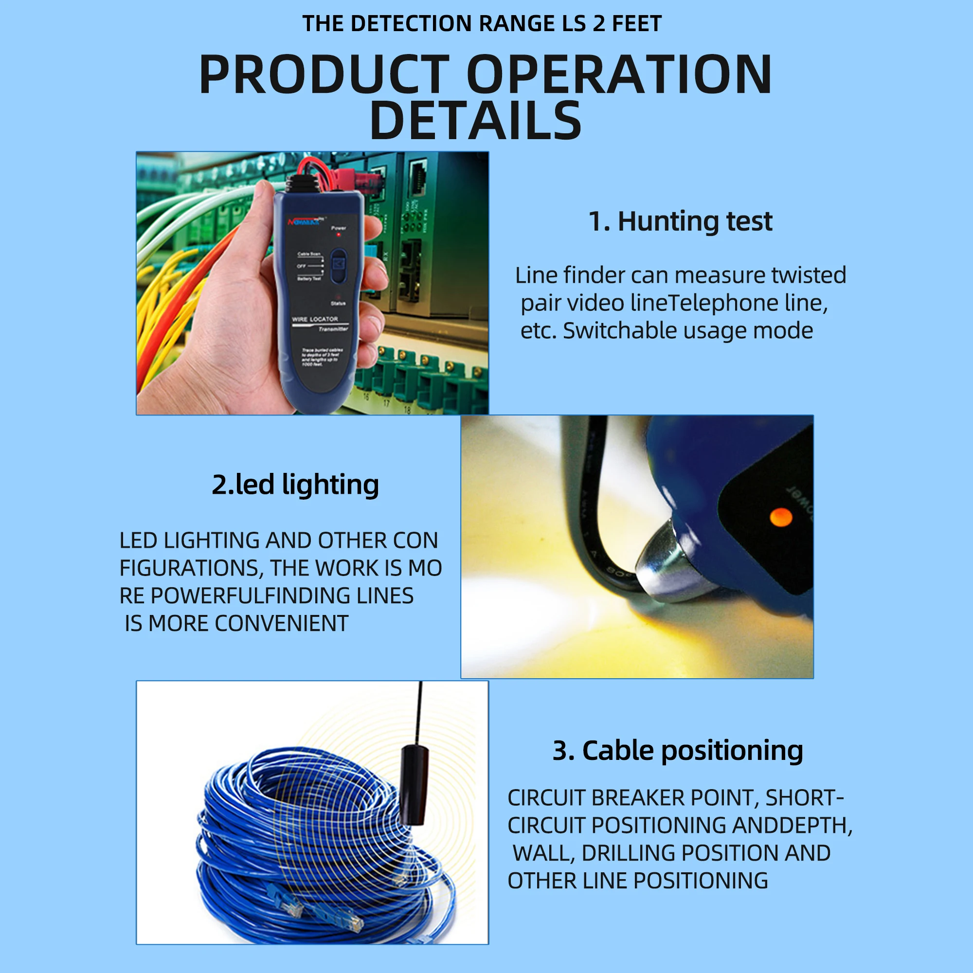 Underground Wire Locator Underground Cable Detection Instrument Concealed Wiring Line Finder Rechargeable Wire Finder NF-816L