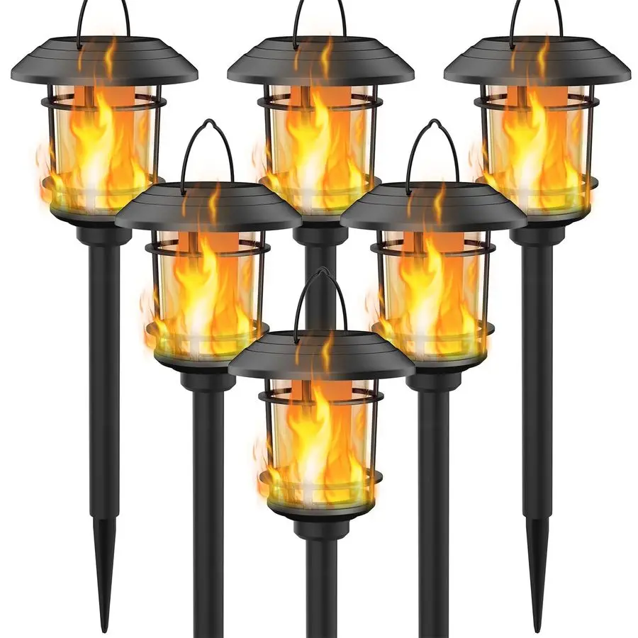 

6 Pack Solar Flame Torch Lights Outdoor, Halloween Dual Use Flickering Flame Garden Light, Christmas Hanging Lanterns, Auto On O