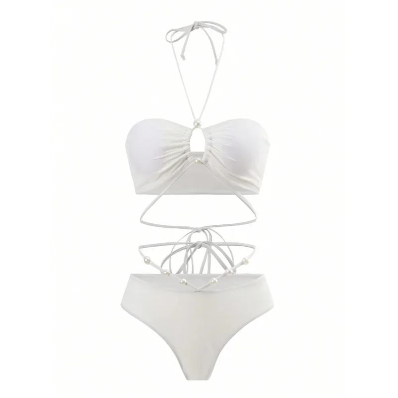 Conjunto de Bikini Sexy para mujer, traje de baño con perlas y cuello Halter, Espalda descubierta, traje de baño con cordones, novedad de 2025, Bikini, ropa de playa de 3 piezas