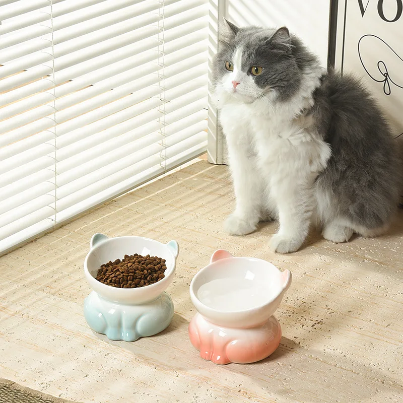 Creative Gradient Ceramic Cat Bowl, Pet Cat Food Drinking Bowl, Pet Supplies Dog Food Bowl, Slanted Mouth High Bowl