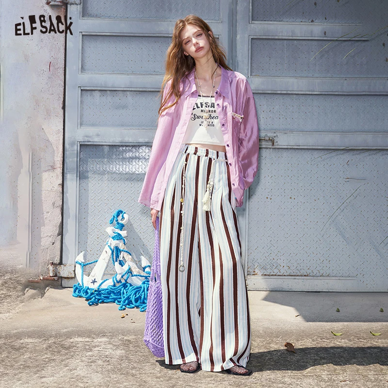 ELFSACK Striped Wide Leg Pants, High-Waisted Flowy Tassel Trousers