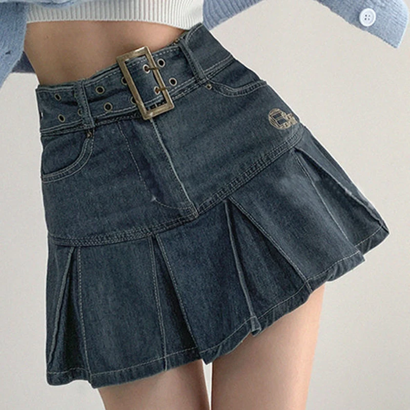 

Denim Pleated Skirt Women Vintage Sexy High Waist A-Line Belt Embroidery Short Jean Female Y2K Harajuku Casual Mini Skirts