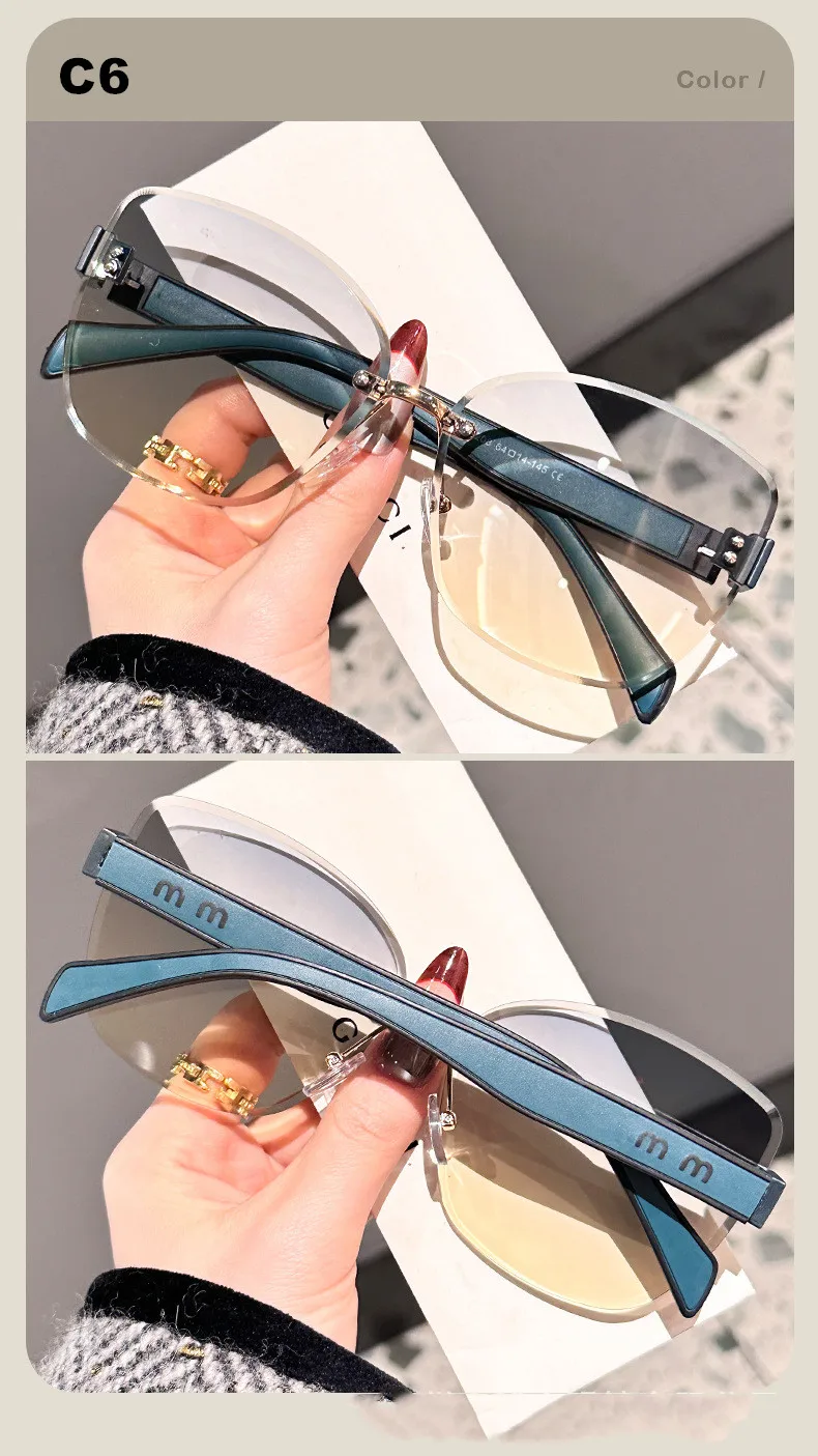 Cat-Eye-Mode-Sonnenbrille mit großem Rahmen, 2025, neuer UV-Schutz, rahmenlos, für Damen, Kantenschneiden, DS-8208 – Detail 12