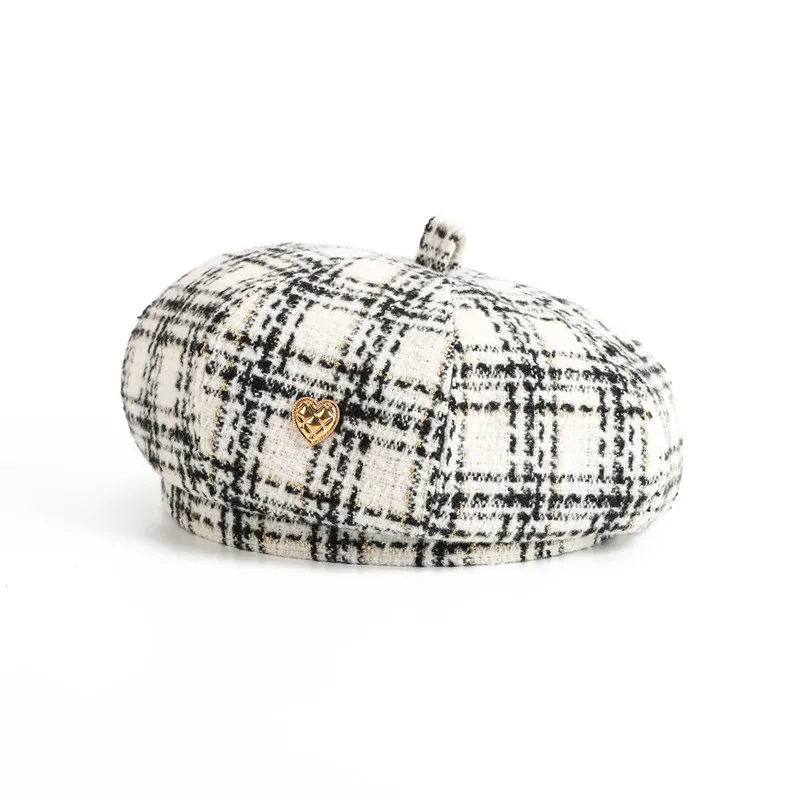 Beret Kobiety Zima Jesień Vintage Plaid Biały Czarny Moda Vintage Kapelusze Dla Kobiet Malarz Czapka Kobieta Nowy Elegancki Modny