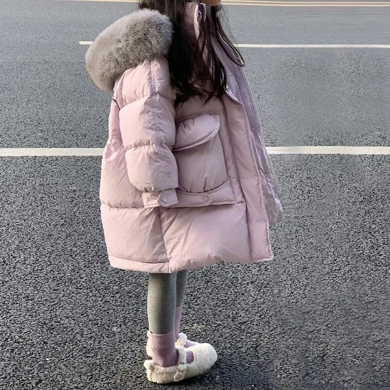 

2023 New Girls One Piece Coat Long Cotton Fur Hooded Plush Warm Fashion All-match Outdoor Eiderdown