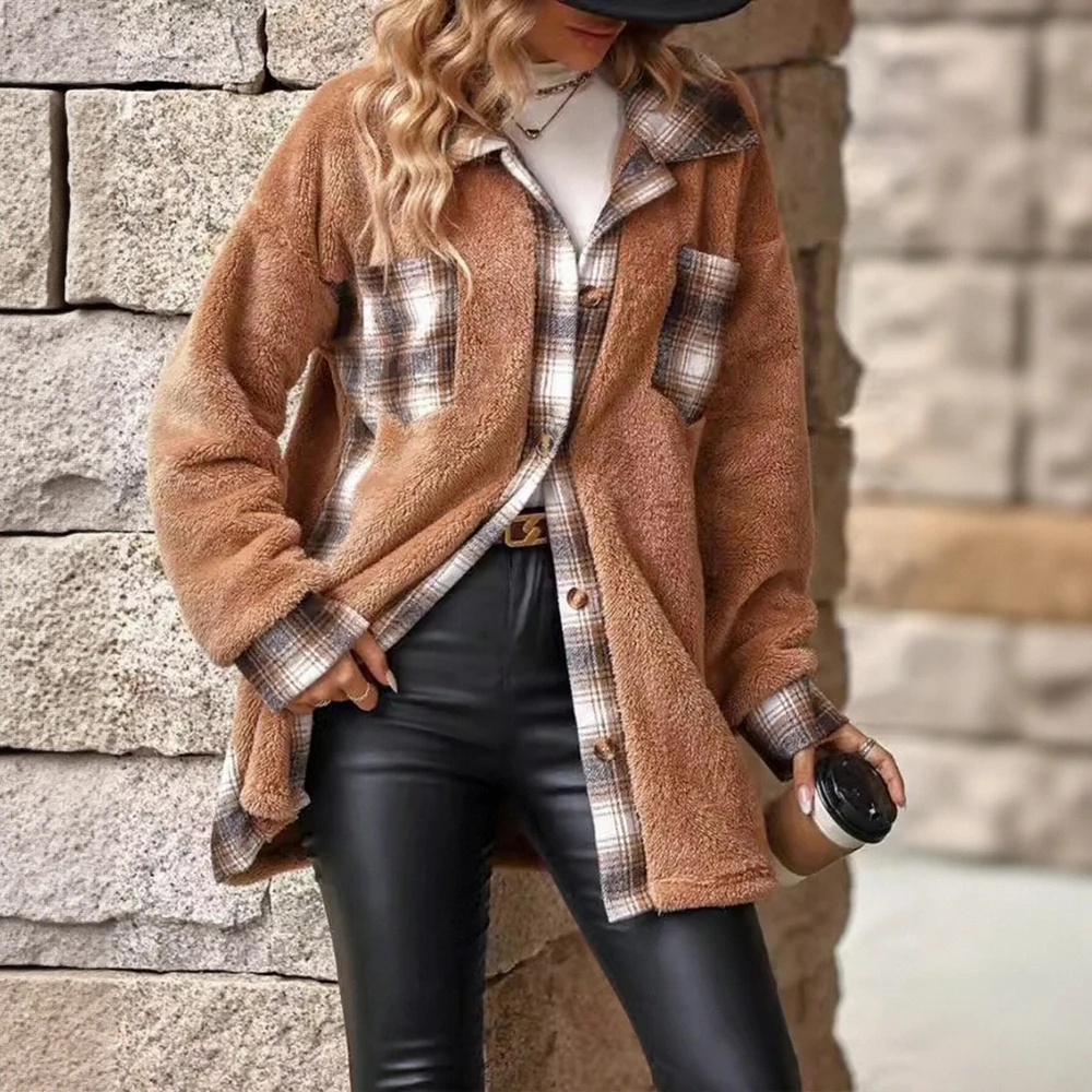 

Long Lapel Plaid Plush Coat Women's Autumn Winter Fashion Outerwear Elegant Quilted Jacket for Ladies