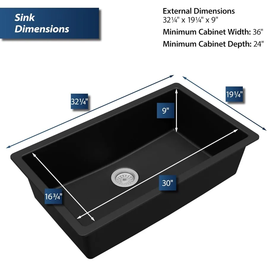 حوض مطبخ مركب من الكوارتز الجرانيت الكبير 33 من Undermount باللون الأسود عميق للغاية 9 حوض صوت مقاوم للحرارة والخدش