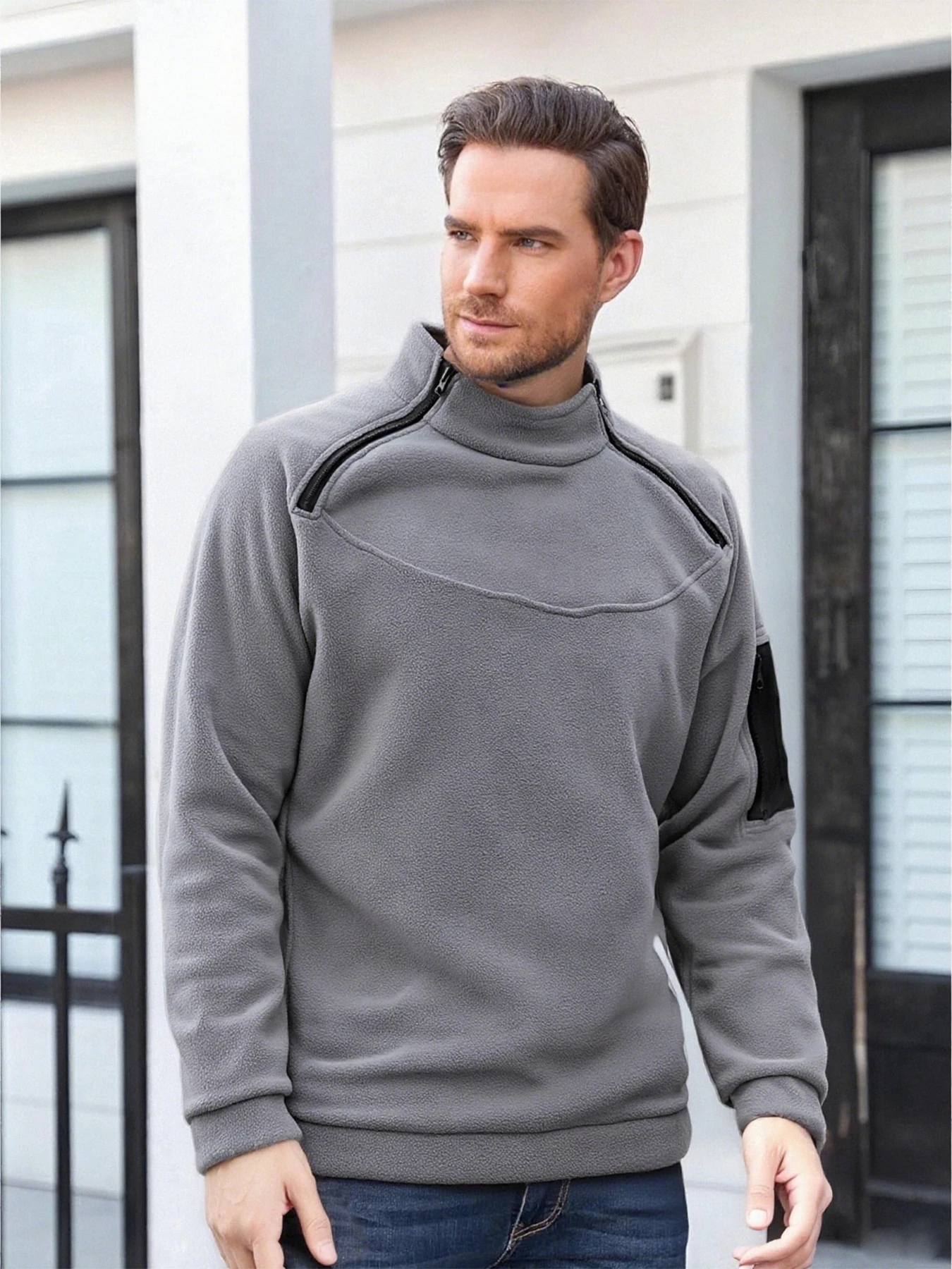 

Осенне-зимняя мужская флисовая толстовка большого размера с воротником-стойкой, топ на молнии, двойная молния, дизайн, уличный тактический топ на липучке