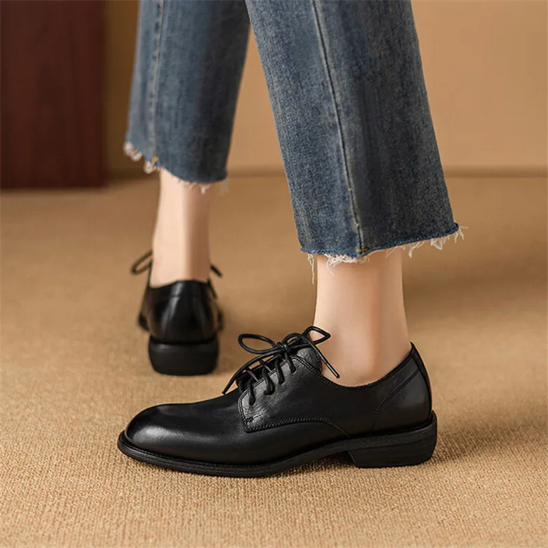 New Autumn Genuine Leather Women Pumps Fashion Round Toe Shoes for Women Chunky Heel Lace Loafers Women Shoes Zapatos De Mujer