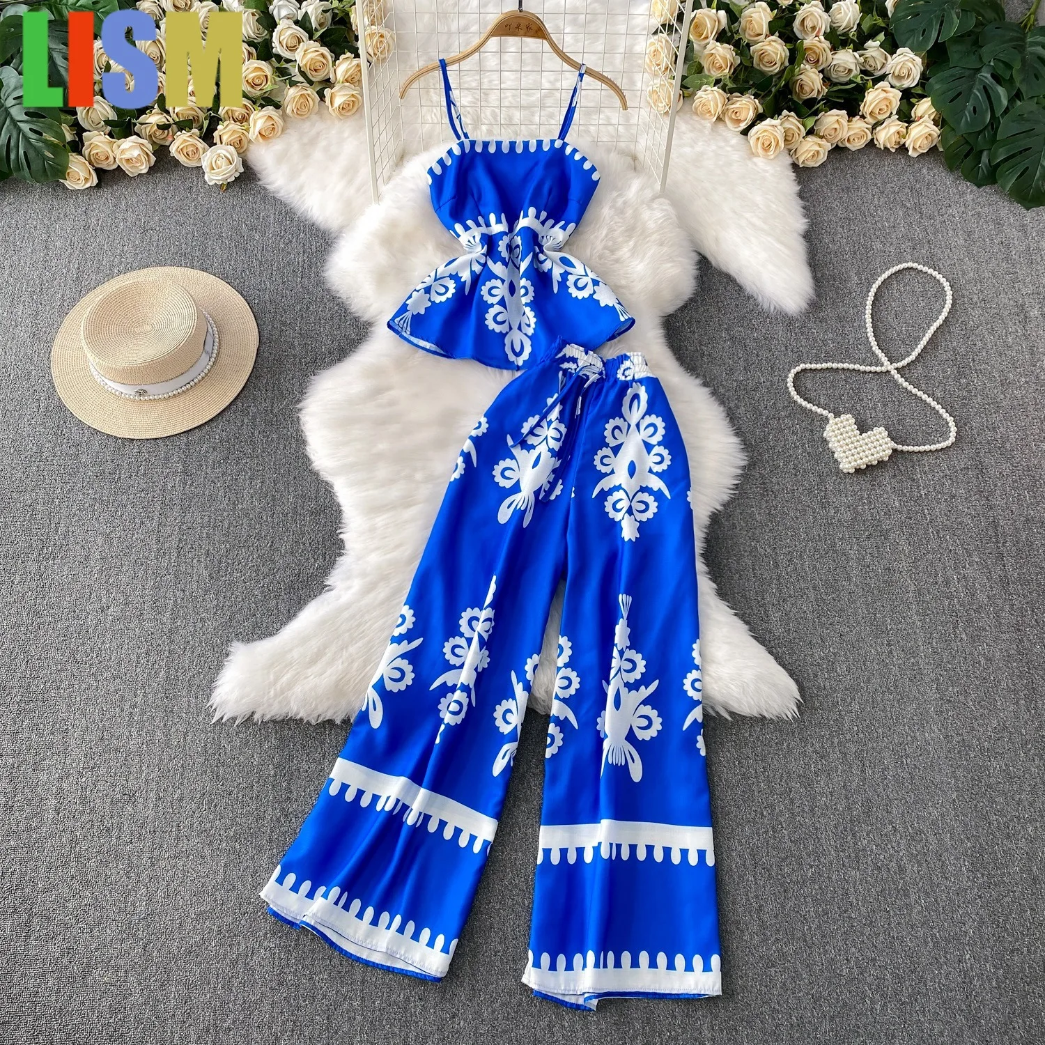 

LISM festivals outfit two piece outfits woman Printed tank top, waist cinching top set, high waisted and wide leg pants
