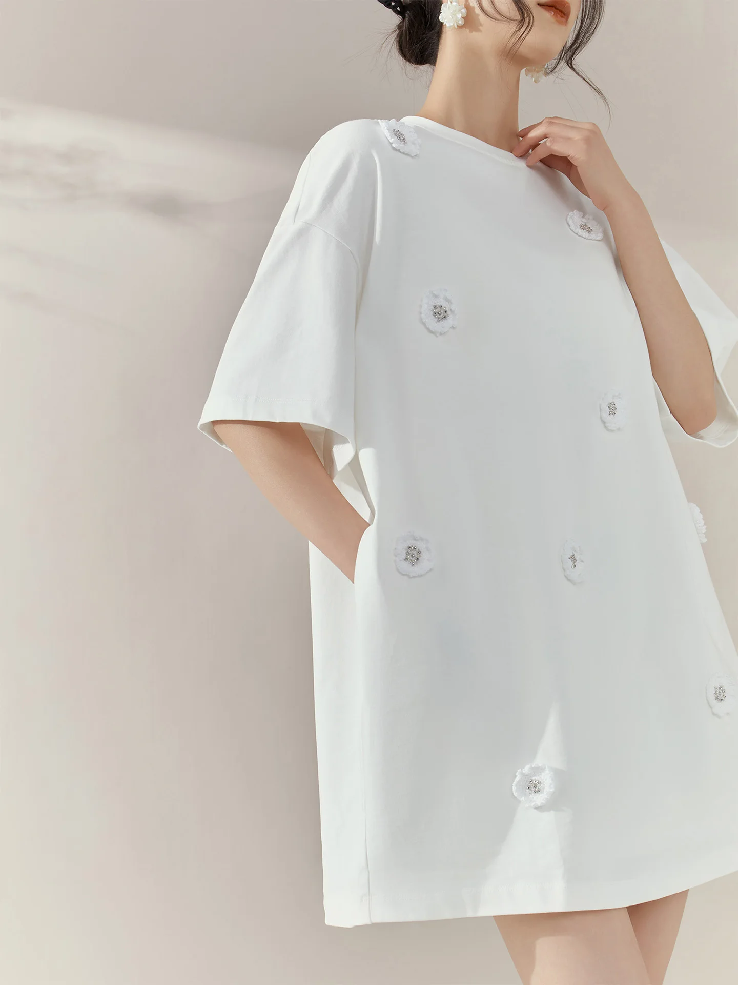 

White ort Sve round Ne Loose Fit Slimming Vintage Floral T-irt Dr Women Casual Sle Polyester Fiber Summer Wear