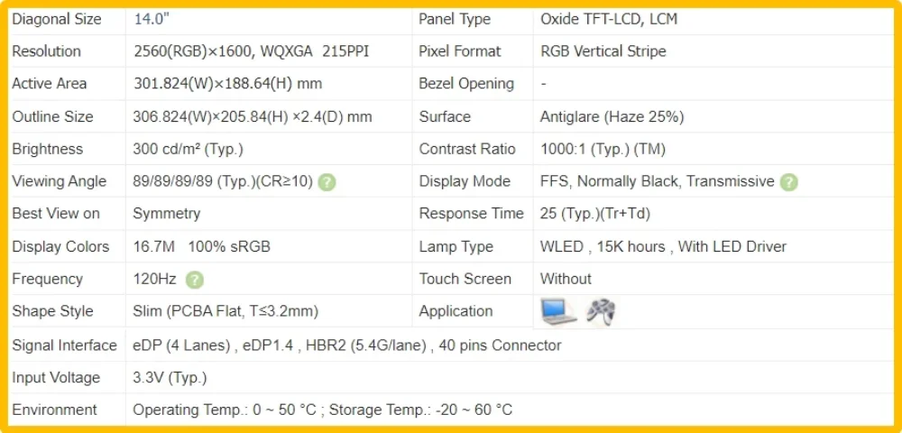 LM140GF1F01 14 inch Laptop Display LCD Screen No-touch Slim IPS Panel QHD 2560x1600 EDP 40pins 120Hz