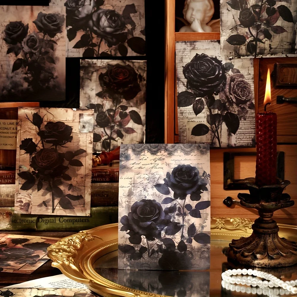 20pcs Dark Rose Material Package Retro Flower Handbook DIY Background Decorative Material Paper