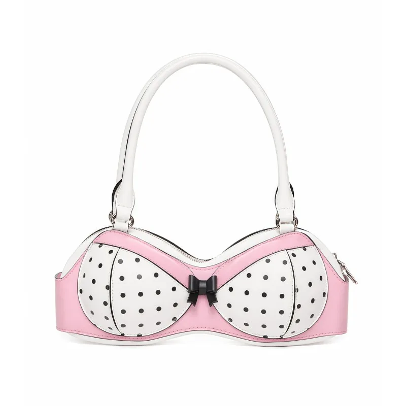 Bra Shaped Pink White Color Contrast Polka Dot Top Handle Handbag for Women Y2k Cute Pink Bikini Handbag with Bow Shoulder Bag