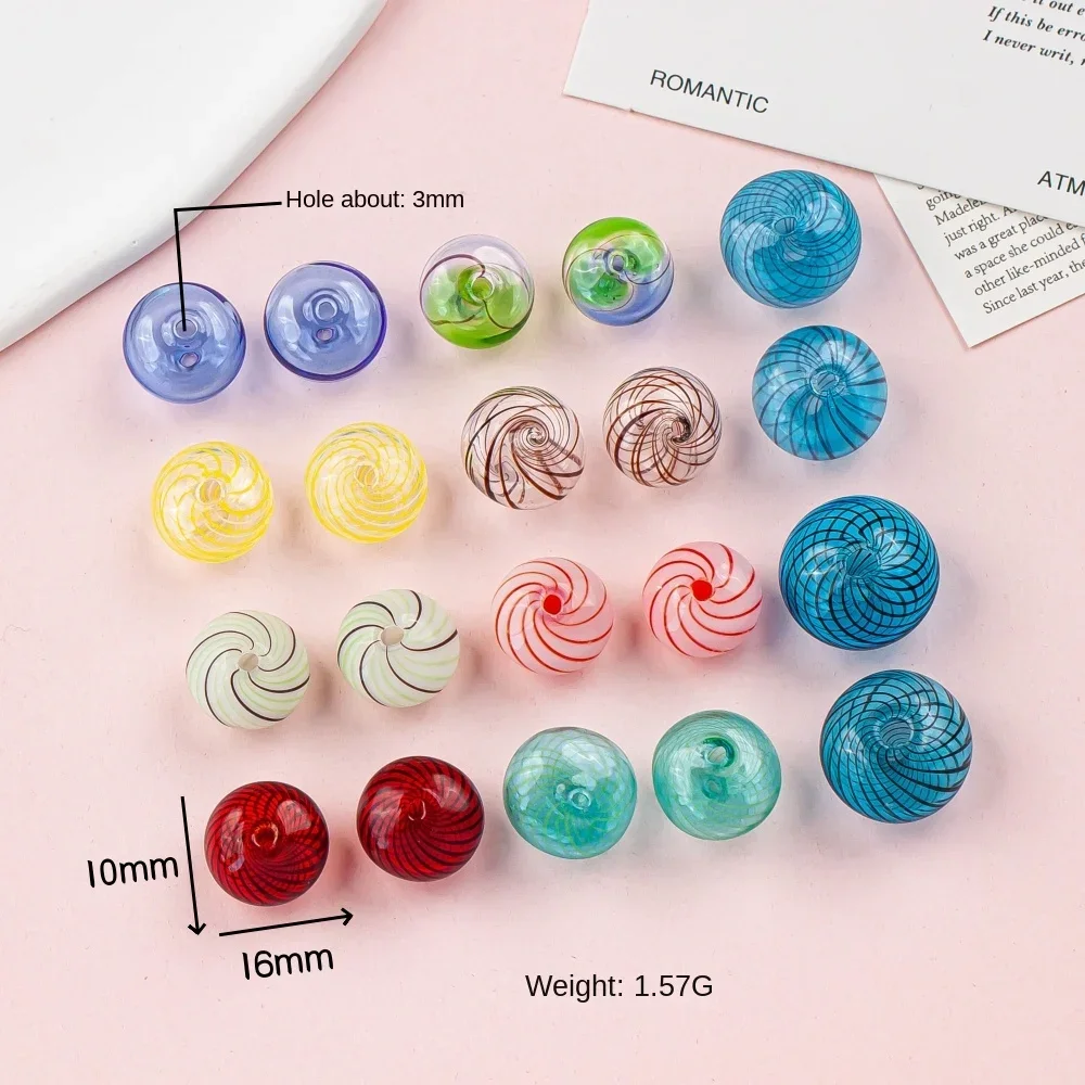 Candy Color Transparent Hollow Glass Flat Round Beads Glazed Striped Straight Hole DIY Earring Bracelet Jewelry Accessories 4pcs