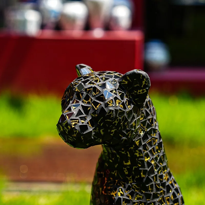 Black Gold Glass Patch Leopard Sculpture Living Room Office Floor Decoration Figurine Sofa Side Home Decor Statue Animal Model view 3