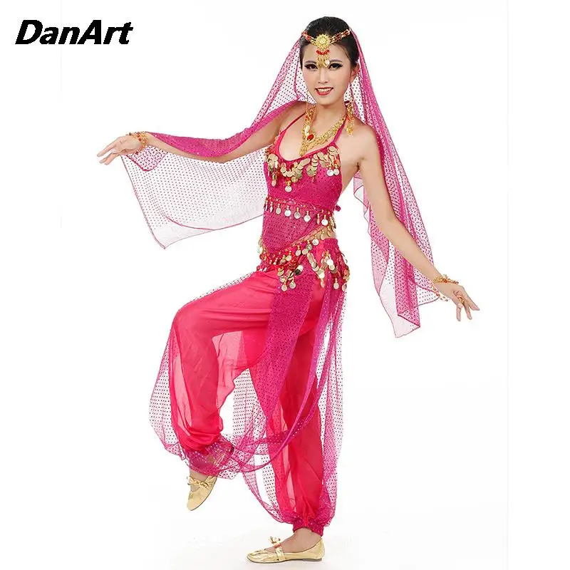 Women Belly Dance Performance Practice Clothing Lady/Girls Headdress+Highlights Top with Waist Chain+Pants Costume 3-piece Set