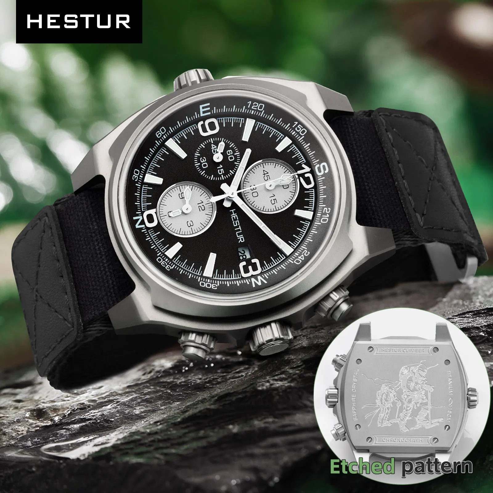 Hestur Men's Military Tactical Quartz Watch 44.5mm, Solar, Chronograph, Titanium Case, Field Wrist Watch, Sapphire, Date, 150bar