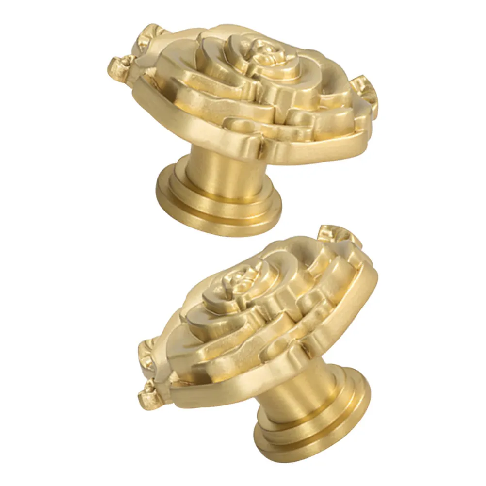 2Pcs Luxe French Brass Rose Floral Drawer Knobs Vintage Cabinet Pulls Decorative Dresser Handles Gold Hardware for Wardrobe
