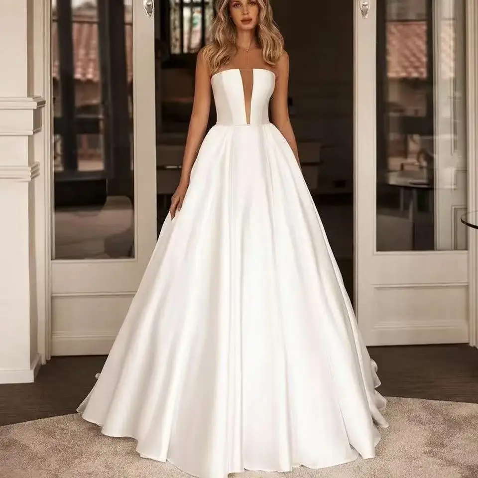 Customized Elegant Long V-Neck Satin Wedding Dresses A-Line Corset Back Small Train Bridal Gown With Pockets for Women