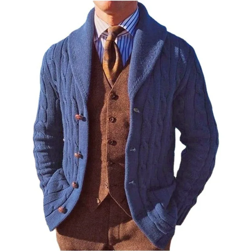 

And Autumn Winter New Men's Slim Fit Long Sleeve Knitted Coat Polo Collar Blue Cardigan Jacket Sweater Sy0065