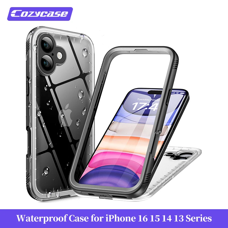 جراب مقاوم للماء لـ iPhone ، جراب شفاف ، واقي شاشة وكاميرا ، جراب مقاوم للماء لكامل الجسم لـ iPhone 16 و 15 و 14 و 13 Pro Max ، Plus