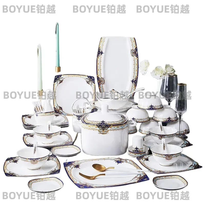 Jingdezhen Ceramic Dinnerware Set European Style Tianyuan Series Porcelain Plates Bowls Custom Logo Print Tableware