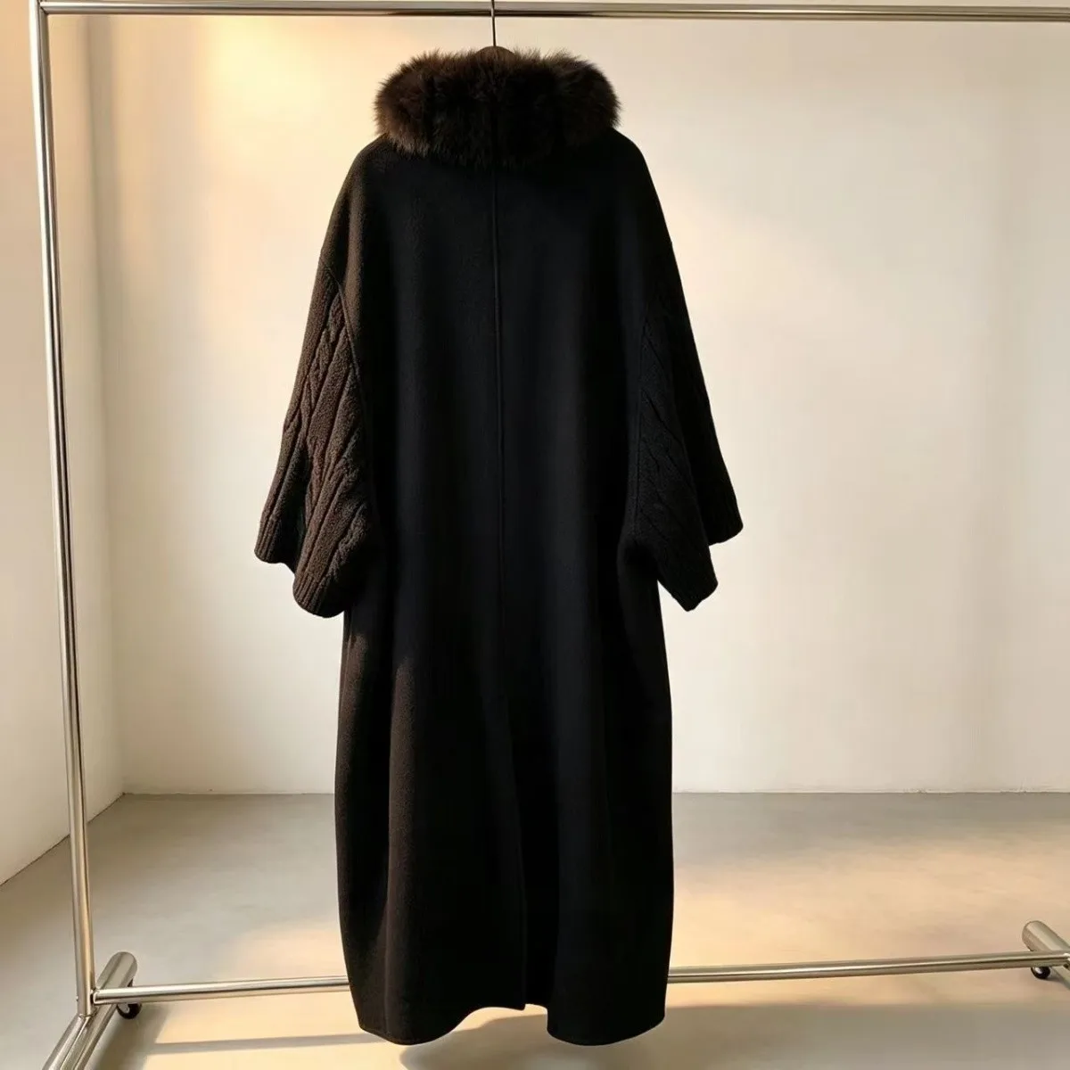 New Luxury Winter Real Natural Fox Fur Collar Woolen Blends Knit Long Overcoats Women Loose Warmth Cashmere Fur Jacket