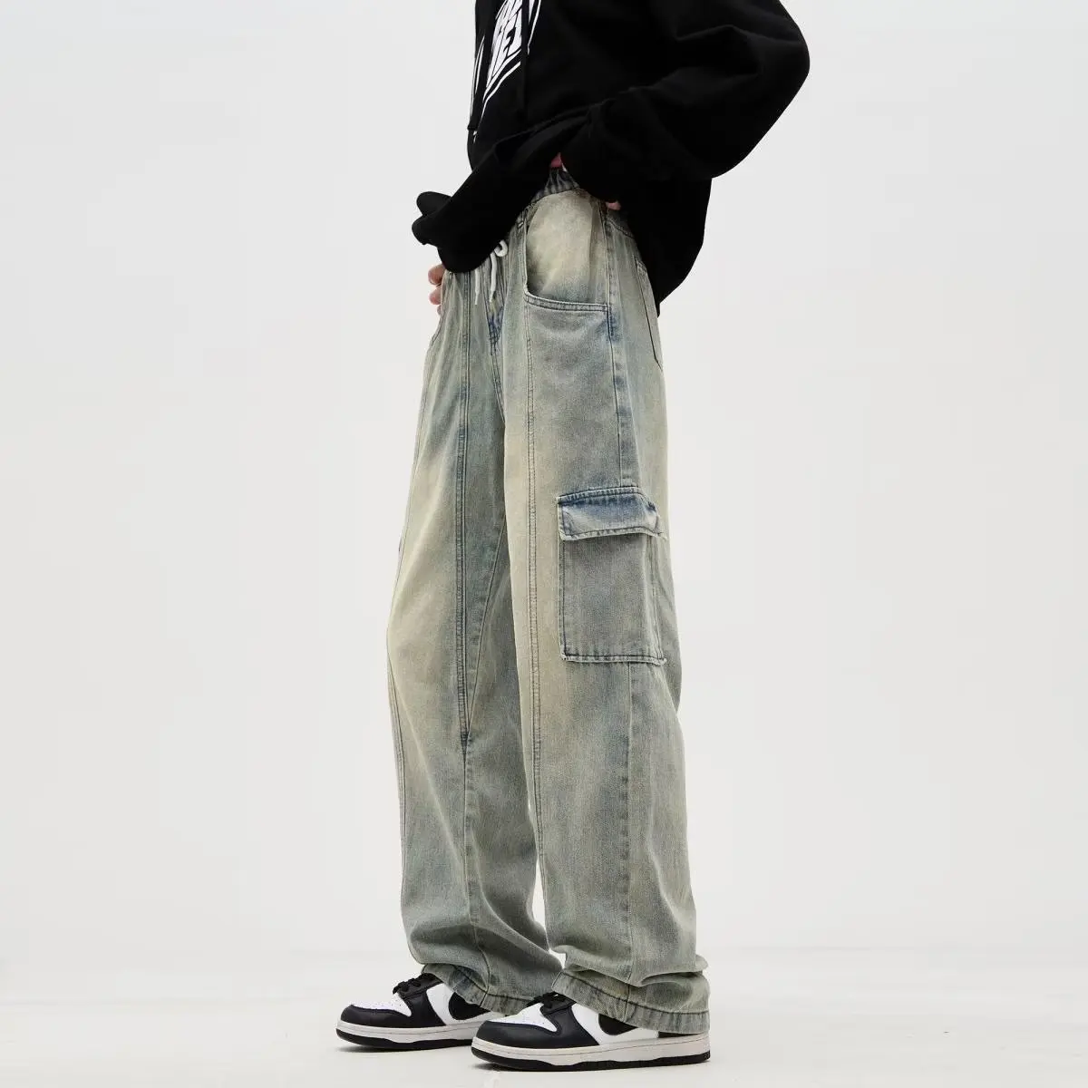 سراويل رجالية كلاسيكية غير رسمية Y2k جينز ممزق فضفاض للرجال سراويل جينز واسعة الساق جينز ملابس الشارع الشهير ملابس رجالية متوهجة #5
