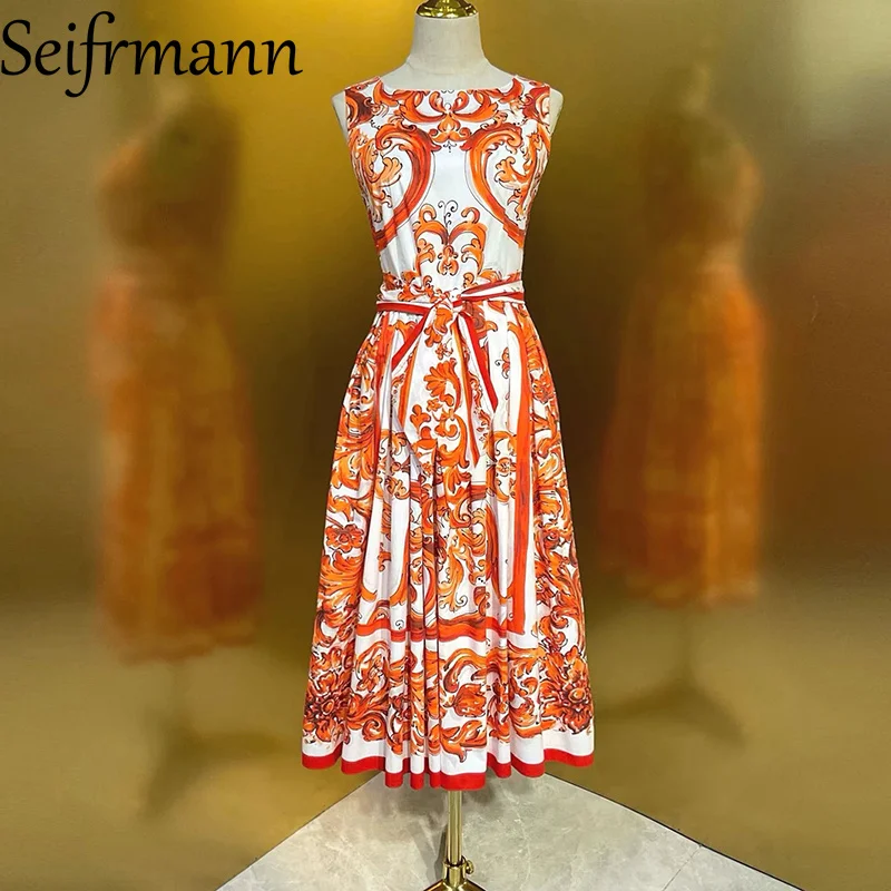 Seifrmann Lässiges bedrucktes Baumwoll-Westenkleid mit Rundhalsausschnitt, ärmellos, mittellanges Kleid, Sommer 2026, neuer Damen-Stil