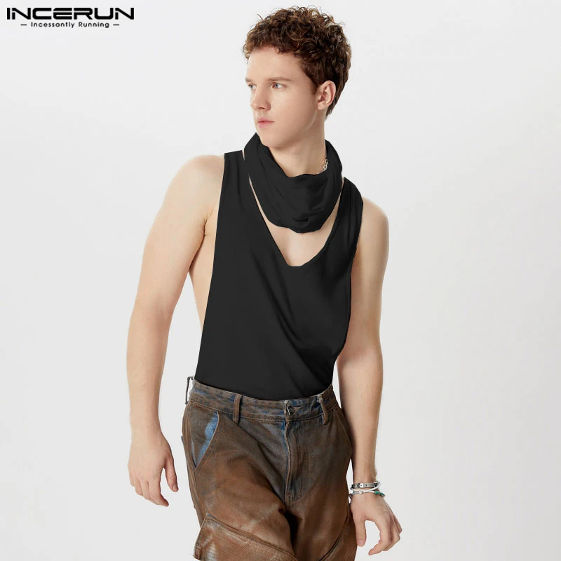 INCERUN Tops 2024 Korean Style Mens Thin Knitted Low Neck Scarf Vests Casual Streetwear Sexy Hot Sale Sleeveless Tank Tops S-3XL