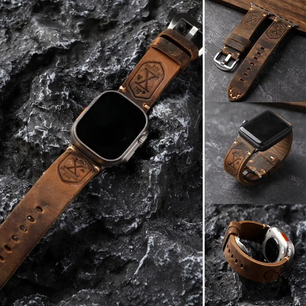 Crazy Horse Handmade Vintage Leather Strap 40MM 44MM 45MM 49MM Leather Leather Bracelet for Apple Watch 9 7 8 6 5 SE Ultra 2