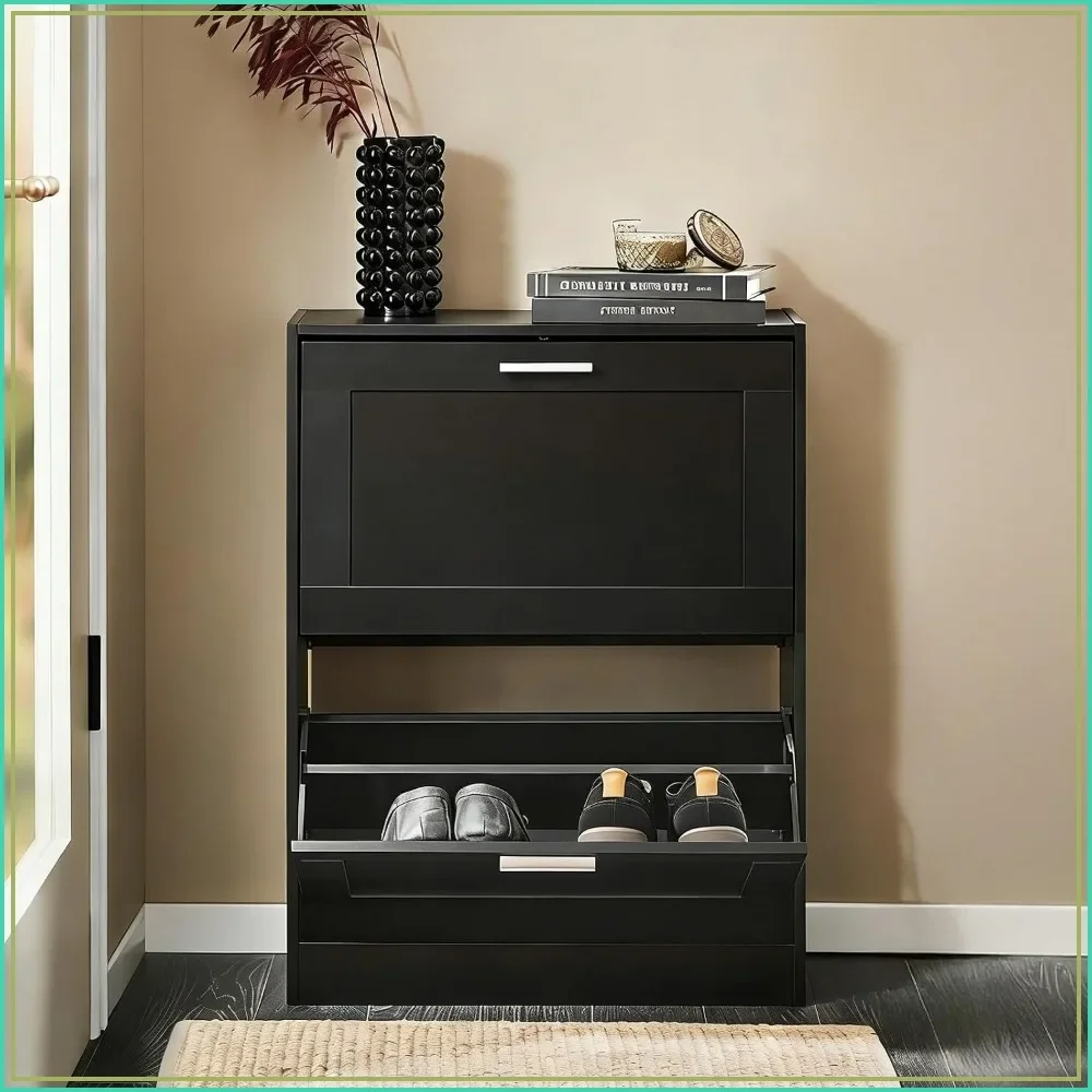 Narrow Shoe Cabinet with Two Flip Drawers for Entryway, Space-Saving Shoe Rack for Front Door Hallway (Black)