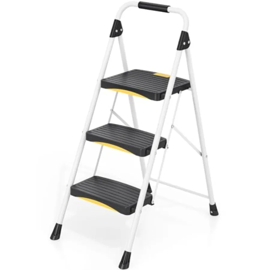 

3 Step Ladder Folding Steel Step Stool with Safety Lock Anti-Slip Wide Pedals Pass 800lbs Load Testing Handrail Heavy Duty Port