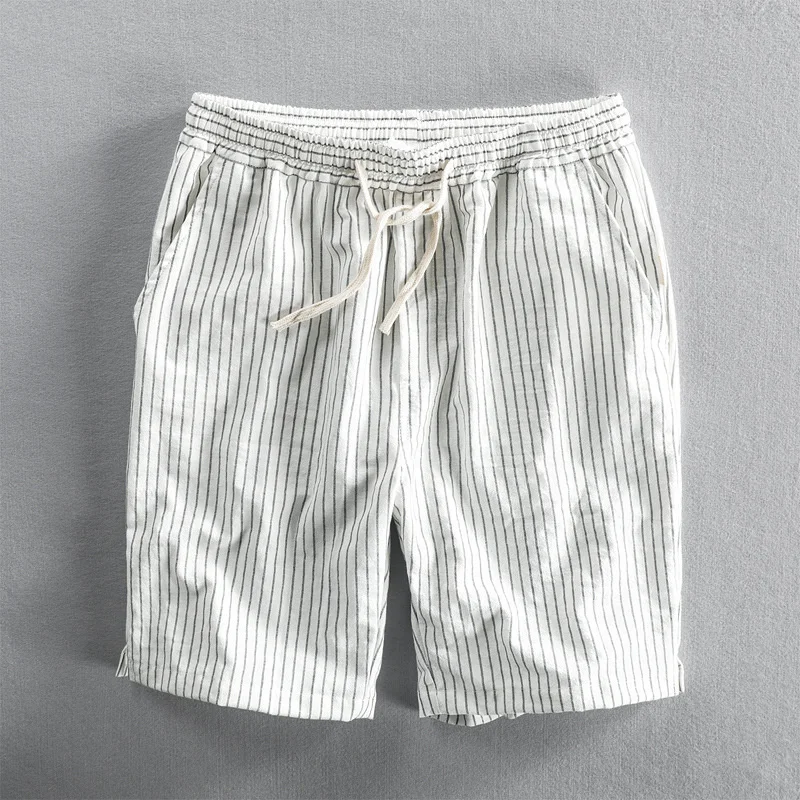 Summer Men Cotton Beach Shorts Pants Breathable Comfortable Striped Loose Drawstring Cropped Hawaiian Youth Man Shorts Pants