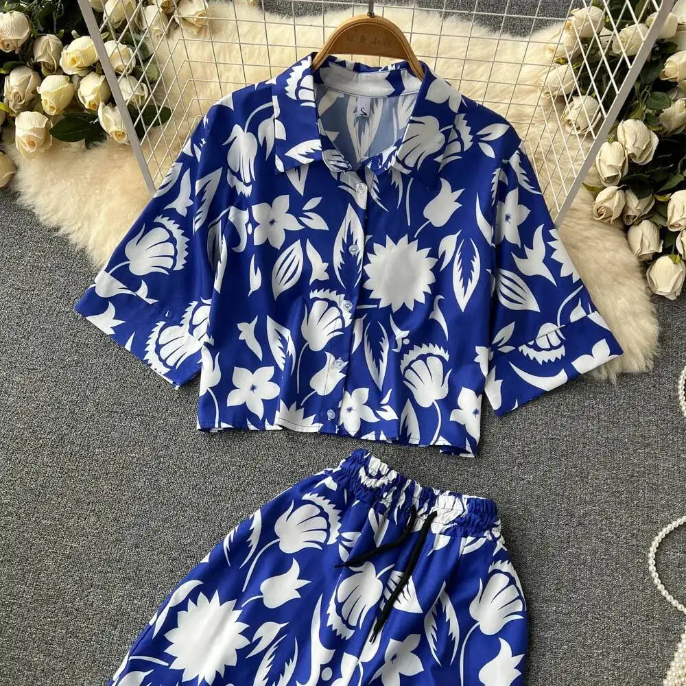 Women Printed Two Piec Sets Summer Short Sleeved Polo Collar Shirt Straight Leg Loose Long Pants Casual Suits Flroal Outfits