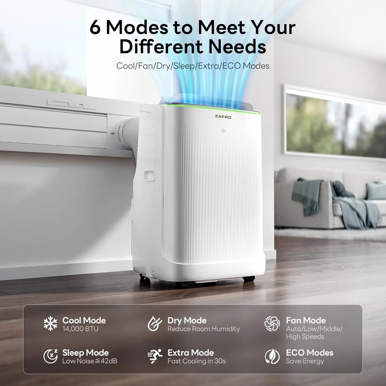 14000 BTU (10000 SACC) Dual Hose Portable Air Conditioner with Inverter Technology, Energy Saving, Ultra Quiet (42dB), Drainage-Free Cooling, APP & Remote Control, for Multi-Scenario Use