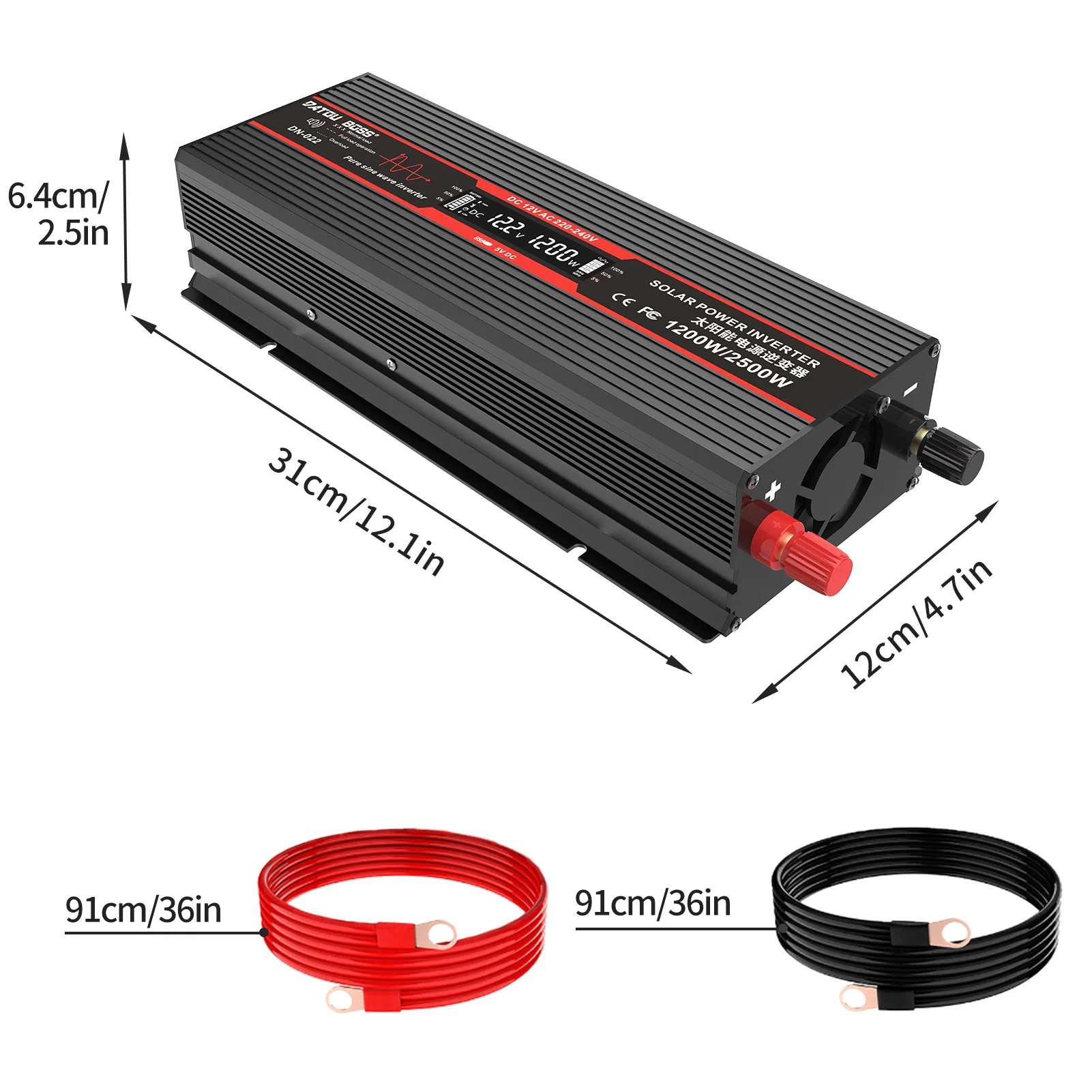 DATOUBOSS Inverter Pure Sine 12v 220v Continuous 1200W, Peak 2500W, LCD Screen, Fan, EU Socket, Inverters 12v to 220v 50/60Hz