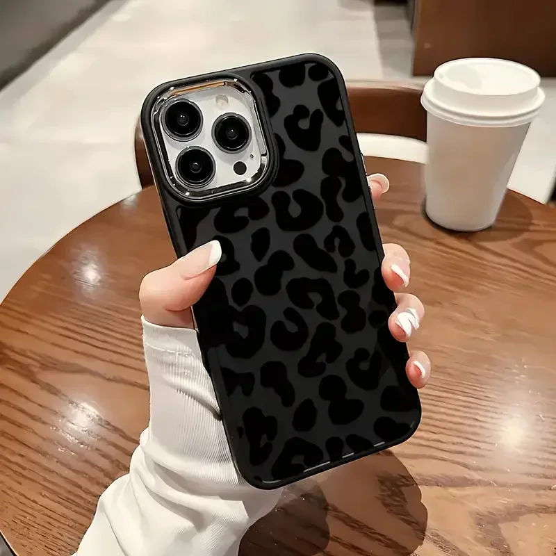 Black Leopard Print Graphic Soft Phone Case for IPhone 16 15 Pro Max 11 12 13 14 Pro XS XR 7 8 Plus Metal Frame Shockproof Cover