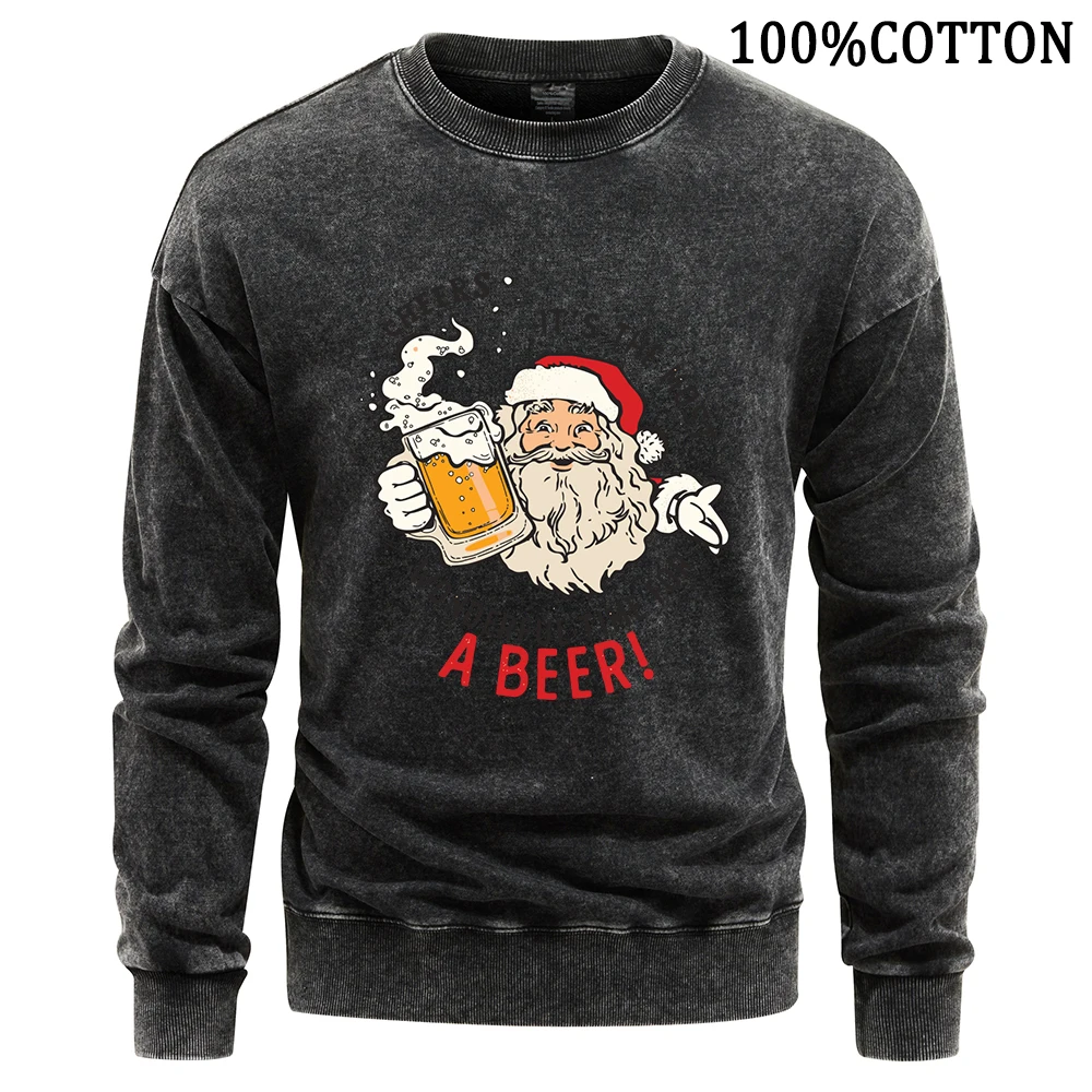 Long Bearded Santa Claus Hands Beer Men's Sweatshirt Retro Washed Sweatshirts Harajuku Cotton Comfortable Hoodie Streetwear Tops